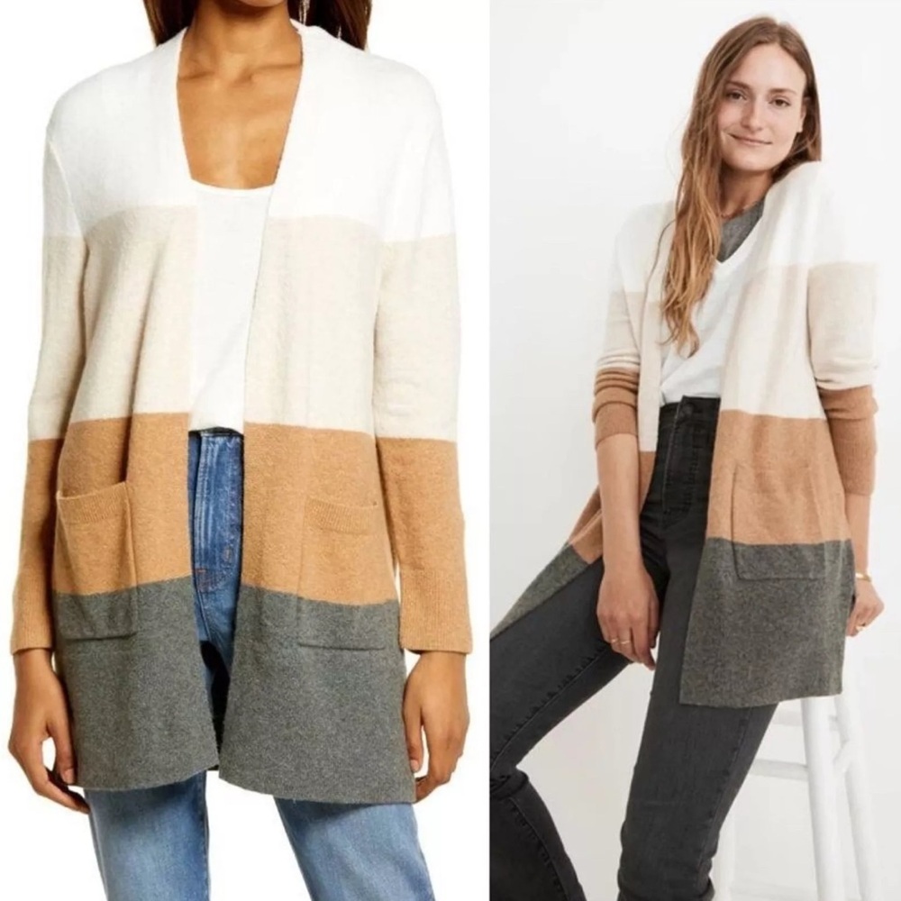 Madewell Colorblock Cardigan - White, Tan, Gray